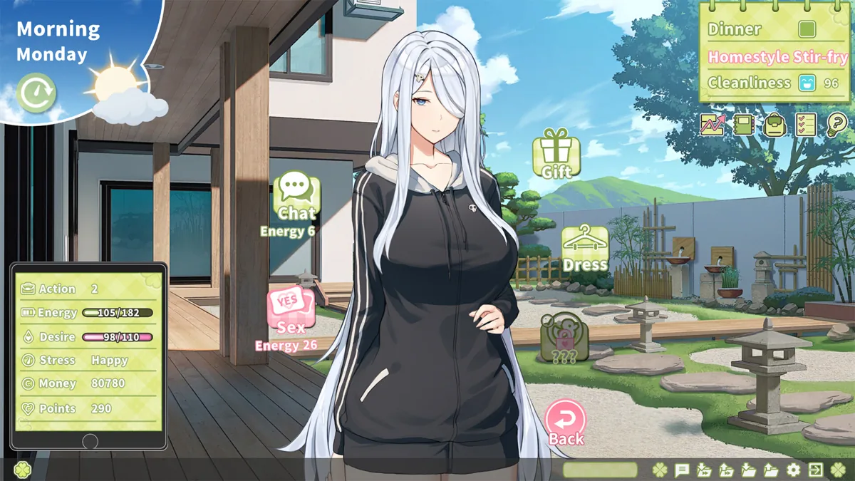 Um personagem vestido conversa no jardim.