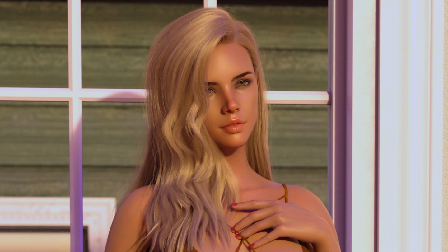 A blonde woman in a gold top poses beside a window.