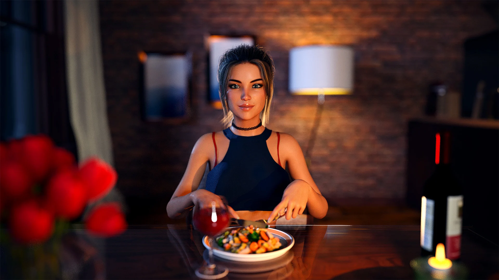 A brunette character in a blue halter top sits at a dinner table.