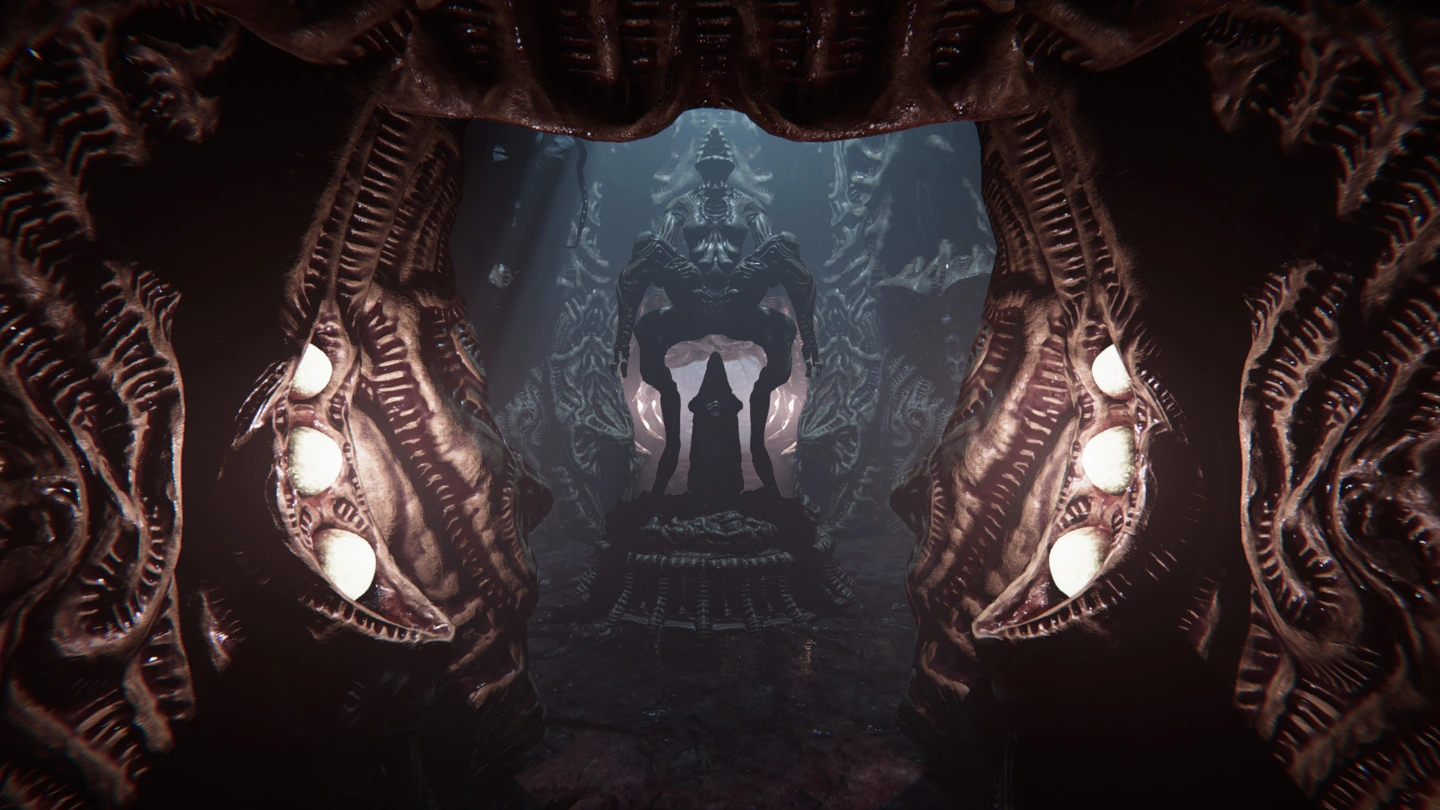 An organic-looking alien passage leads toward a dark, mirrored humanoid monument.