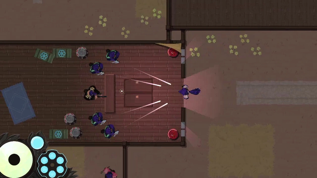 Top-down gunfight around tables and barrels, with several enemies and a revolver cylinder indicator.