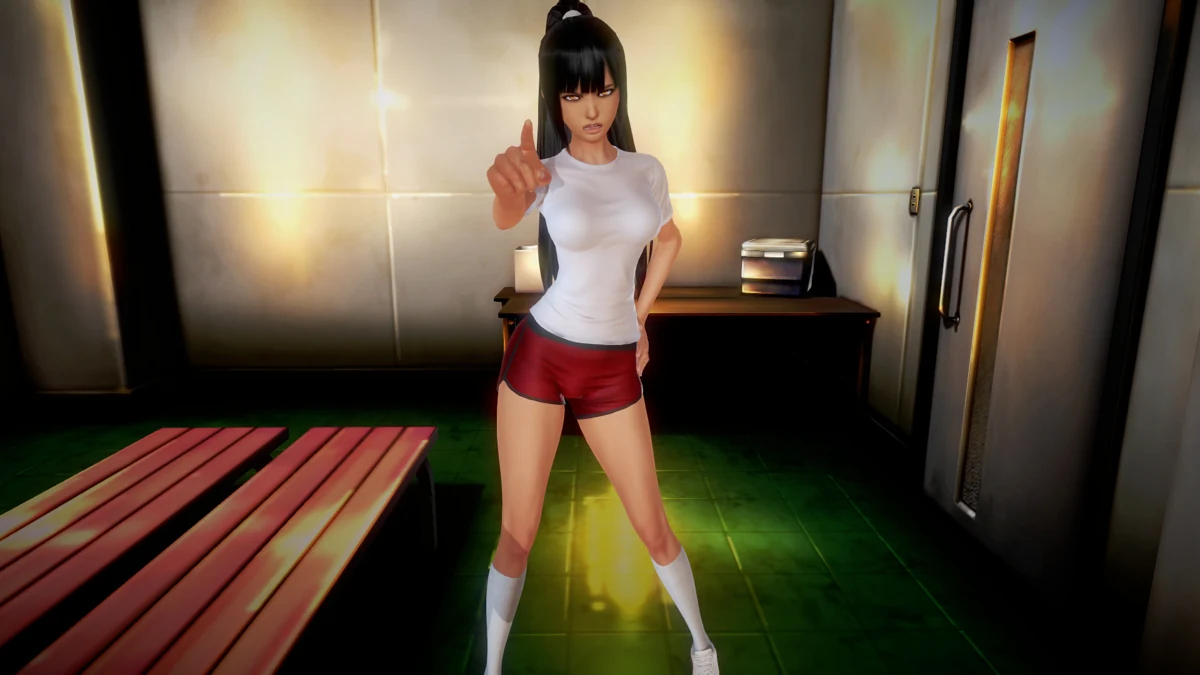 A character in a white shirt and red shorts practices a fighting stance.