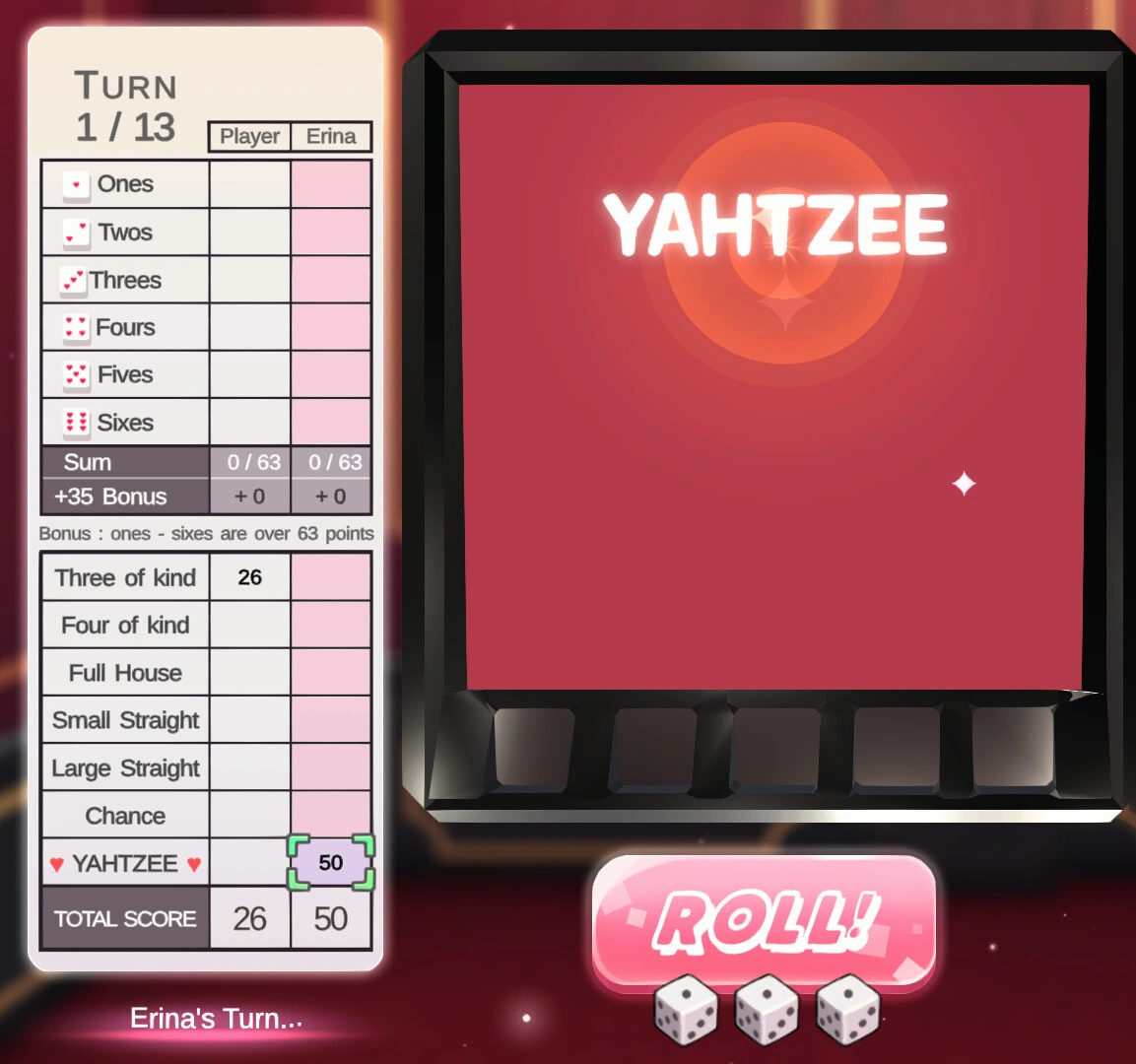 スコアシートには、Yahtzeeで50点を獲得したErinaが、26点のプレイヤーをリードしている様子が表示されている。
