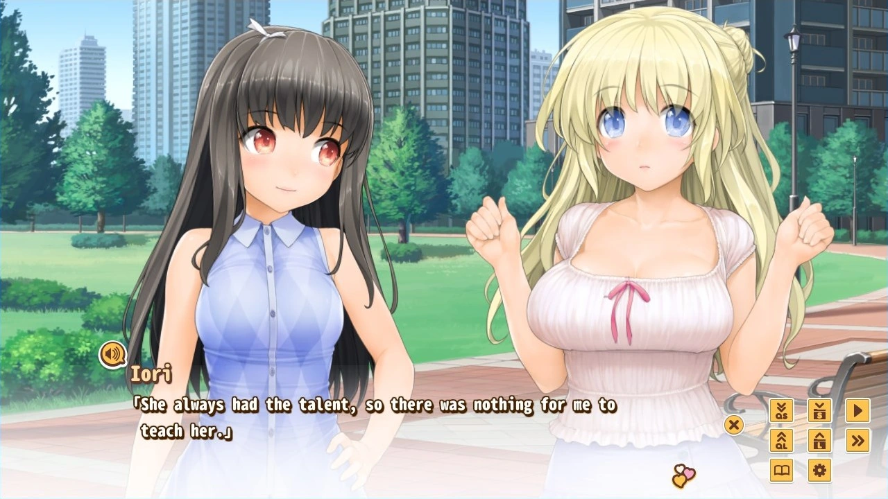 Iori and Nodoka, in blue and pink tops, talk about artistic talent in a city park.