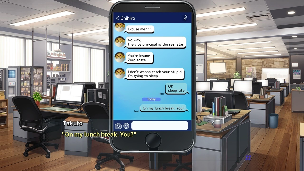 A phone conversation with Chihiro appears over an office background.