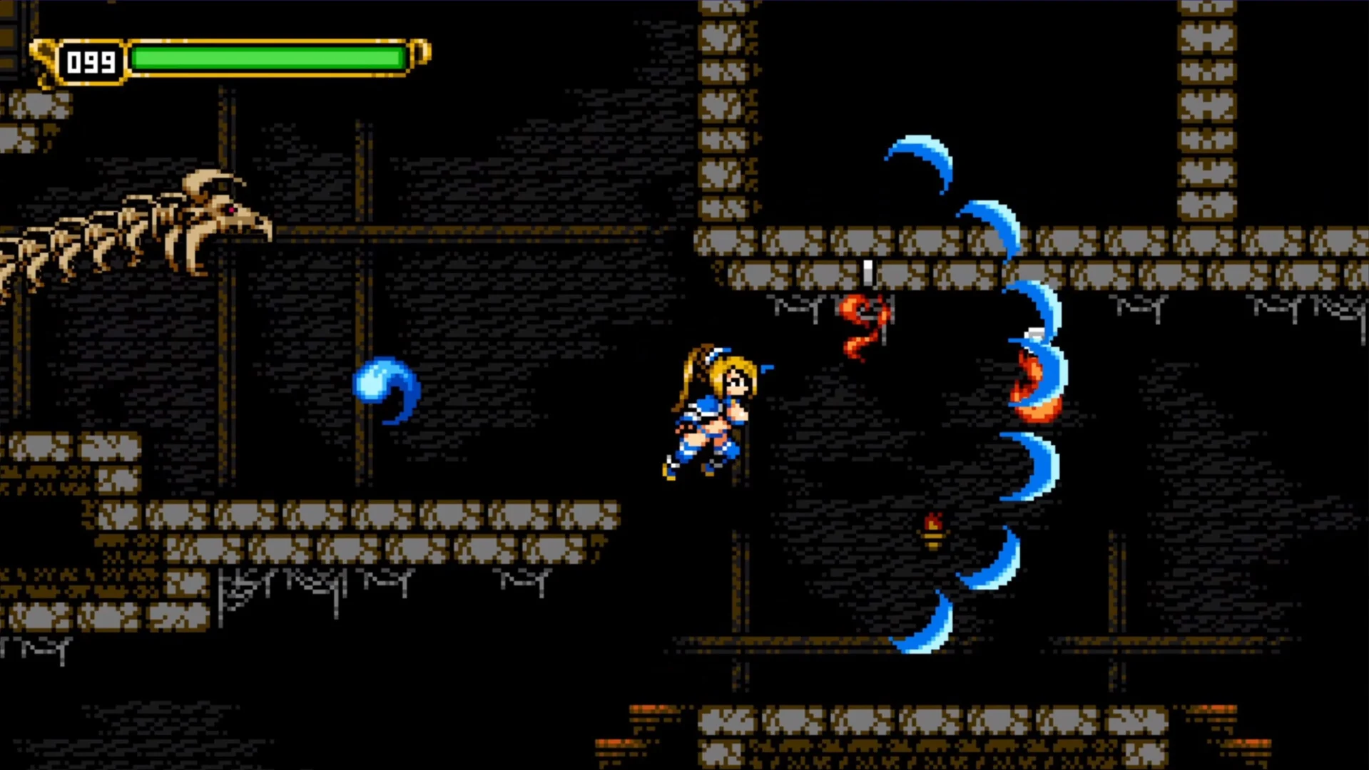 Lily fights flying enemies with fireballs in a side-scrolling castle level.
