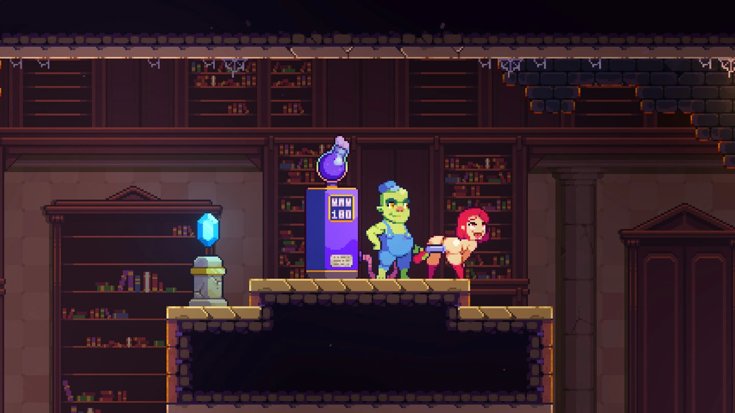 Scarlet se tient à côté d'un marchand à la peau verte et d'une machine à potions dans le donjon.