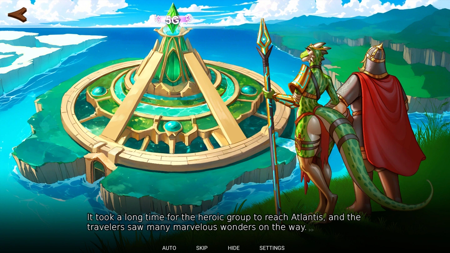 A reptilian warrior and an armored companion looking toward the circular island city of Atlantis.