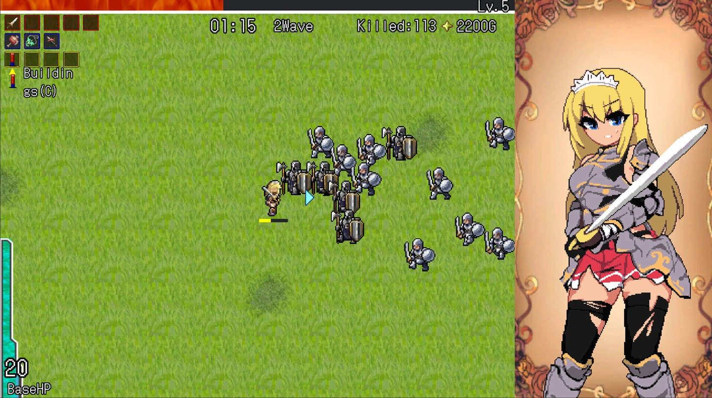 Armoured heroine beside a pixel battlefield and wave counter