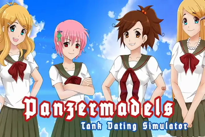 Quatro personagens uniformizadas estão de pé diante de um céu azul, atrás do título Panzermadels.