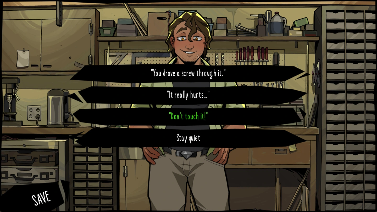 A clothed Strade stands in a workshop behind four dialogue-response choices.