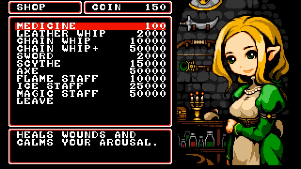 The equipment shop lists weapons and prices beside the shopkeeper.