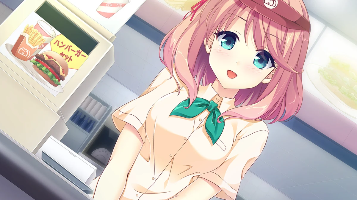 A character in a pale blouse stands beside a food counter.