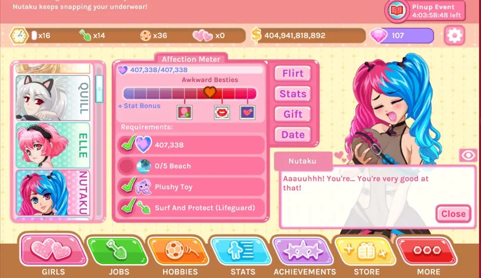 Tela de relacionamento de Crush Crush com um personagem de cabelo rosa e azul, uma barra de afeto, requisitos e botões de Flertar, Presente e Encontro.
