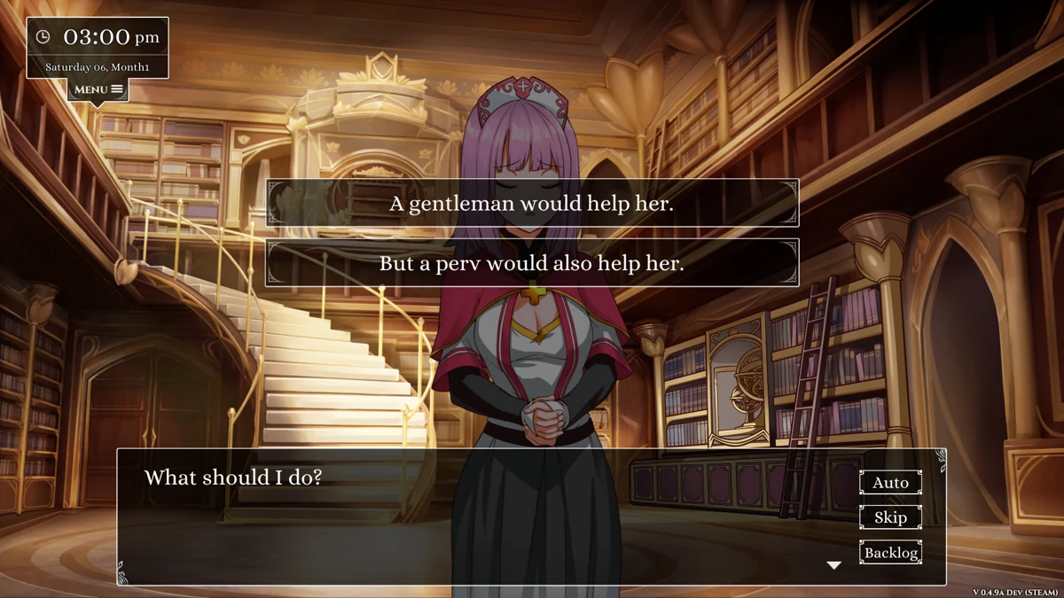 Dialogue choices during a conversation in a grand library.