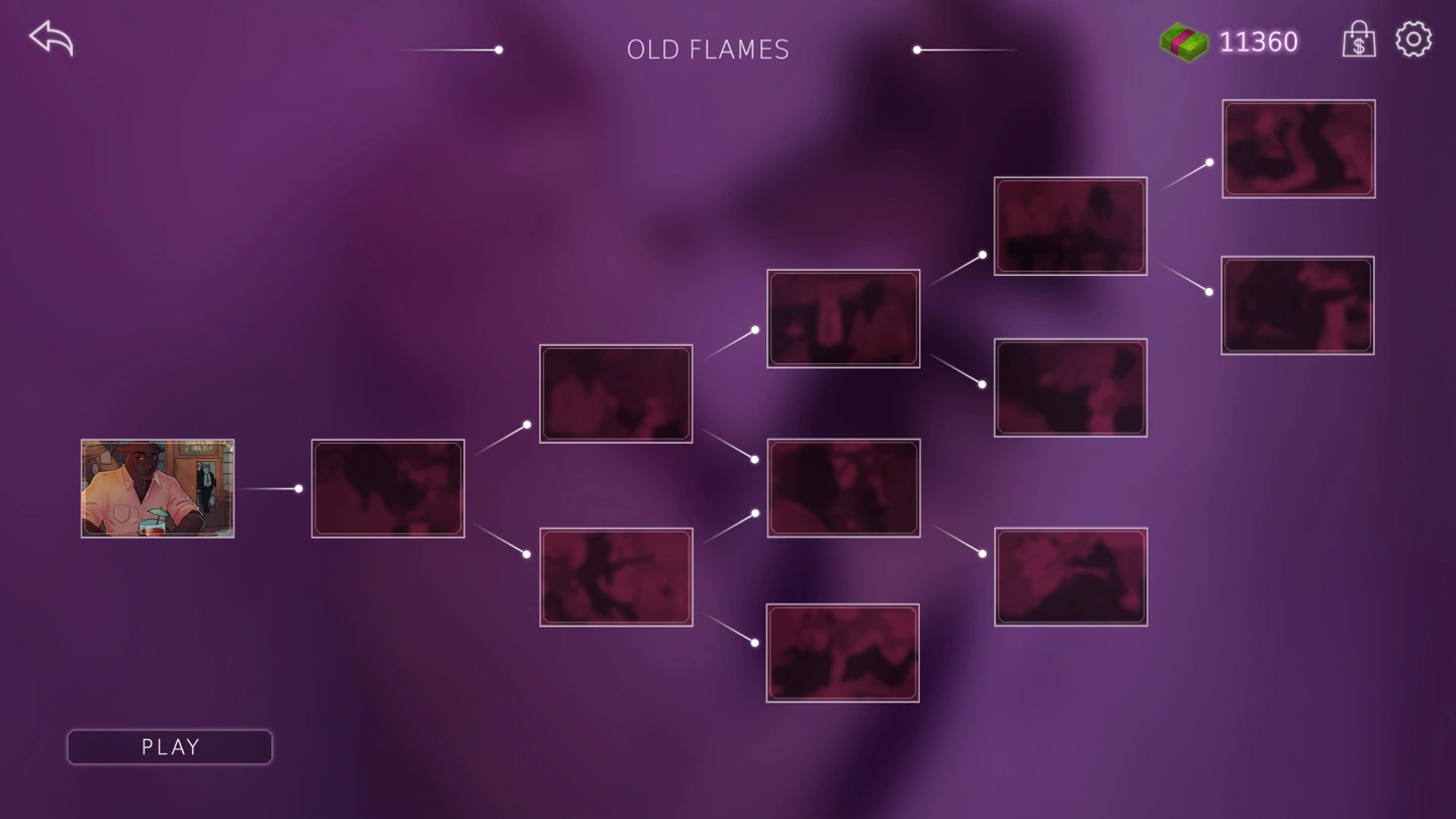 L'arbre des chapitres d'Old Flames relie une scène visible avec des personnages à une série de vignettes floutées et verrouillées au-dessus d'un bouton Jouer.
