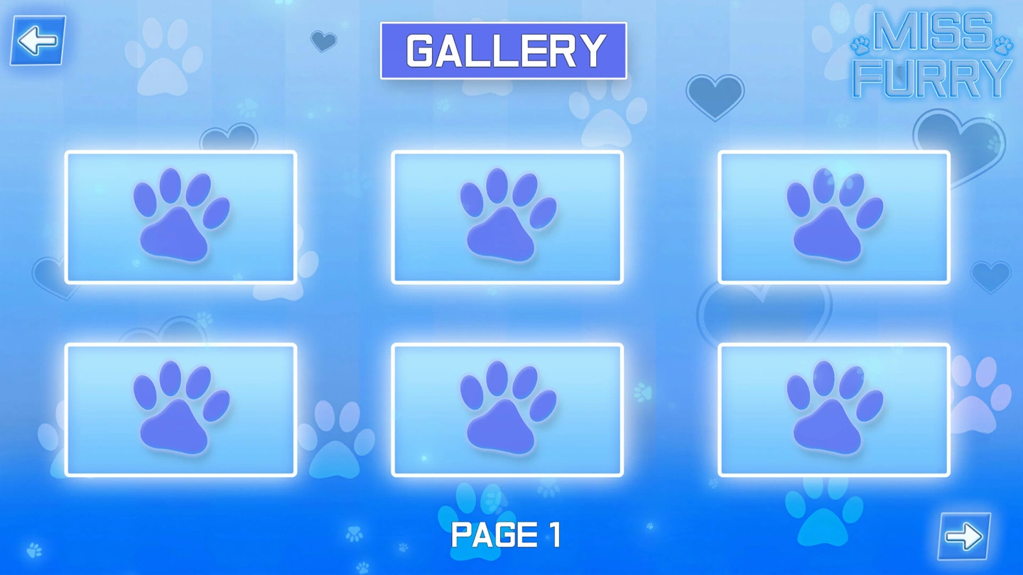 La pagina della galleria di Miss Furry con sei riquadri segnaposto con impronte di zampa.