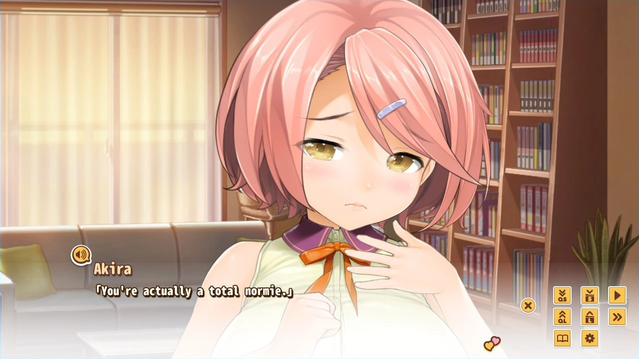 Akira talks in a book-lined room, wearing her white blouse and orange bow.