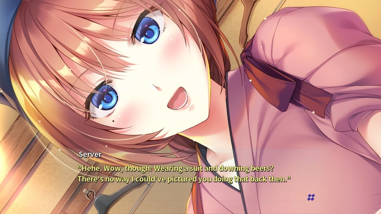 Chihiro leans forward in her server’s uniform while recalling an old classmate.