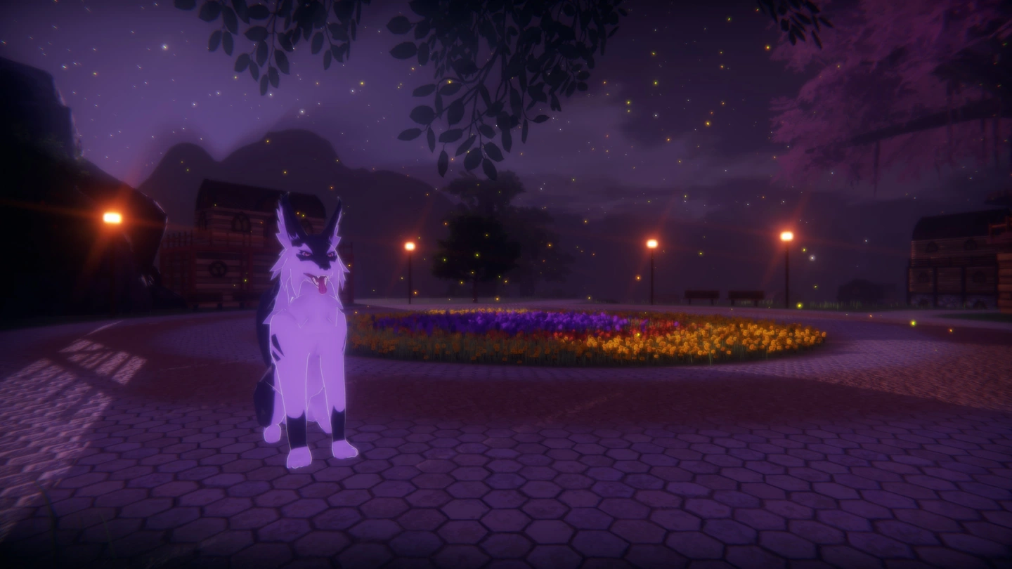 Une créature canine se tient près de fleurs, de lampes et de maisons en bois du village, de nuit.