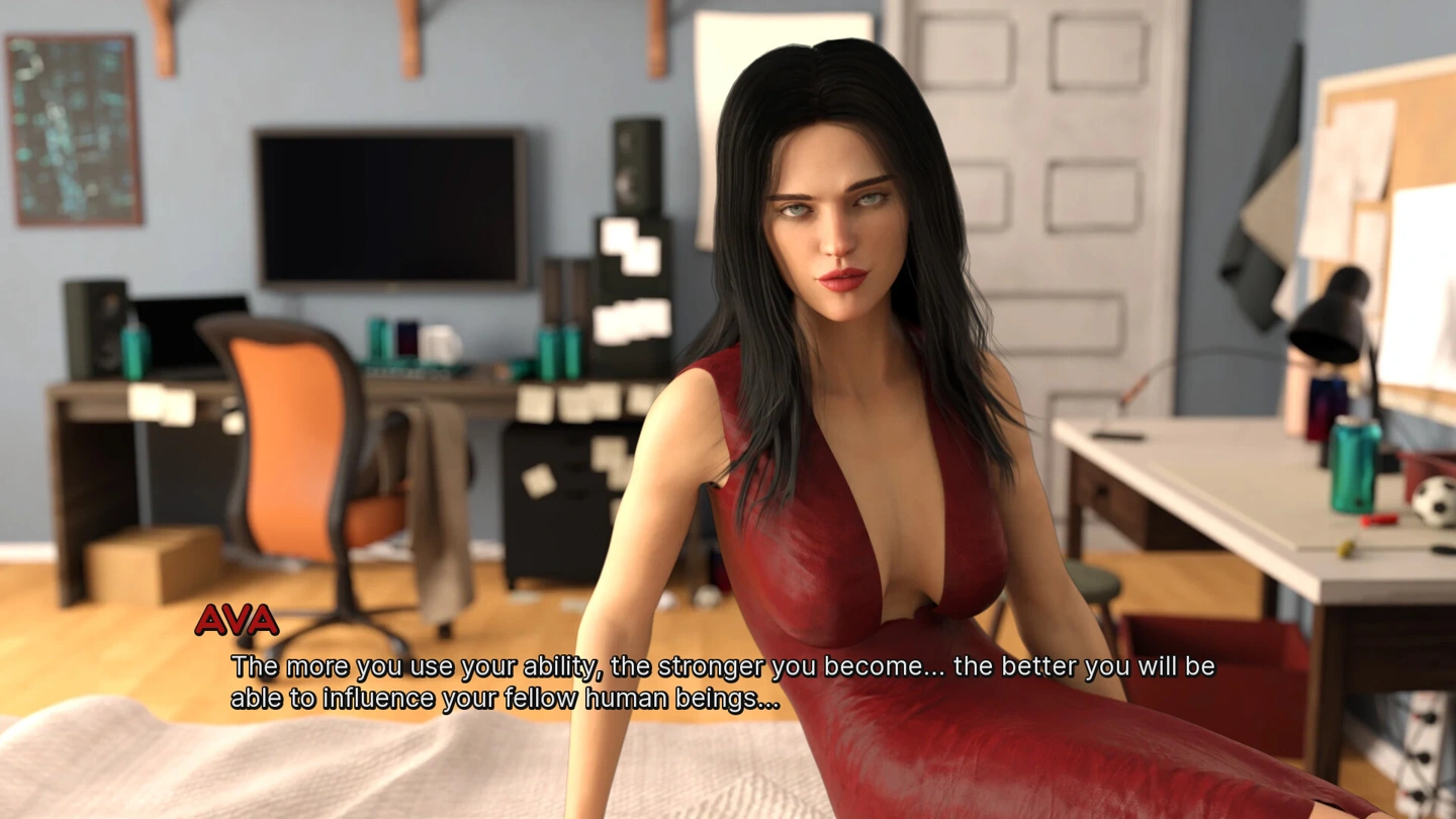 Ava, wearing a red dress, explains mind-control powers in a room with desks and a television.