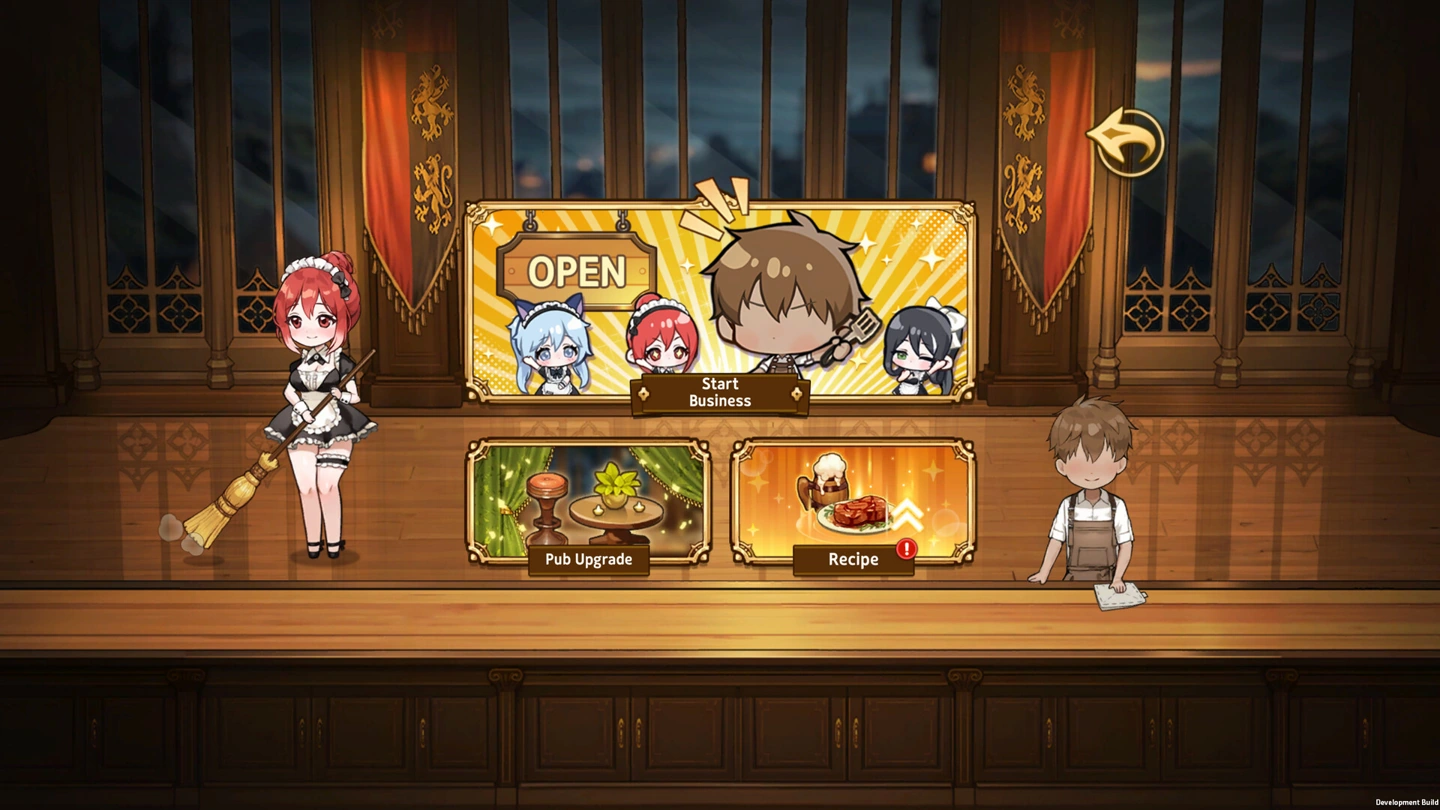 Personale chibi vestito e un proprietario si trovano in un pub accanto ai pulsanti Start Business, Upgrade e Recipe, con la dicitura Development Build.