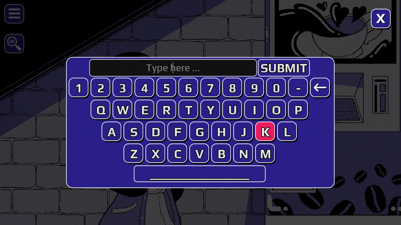 Un champ de saisie de mot, un clavier à l’écran et un bouton Envoyer superposés à la scène de la machine à café.