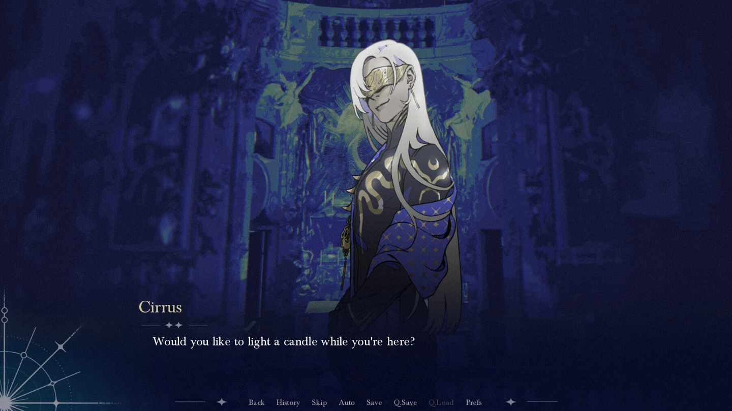 White-haired Cirrus wears an eye mask and ornate dark clothing against blue-green architectural decoration in OBSCURA.