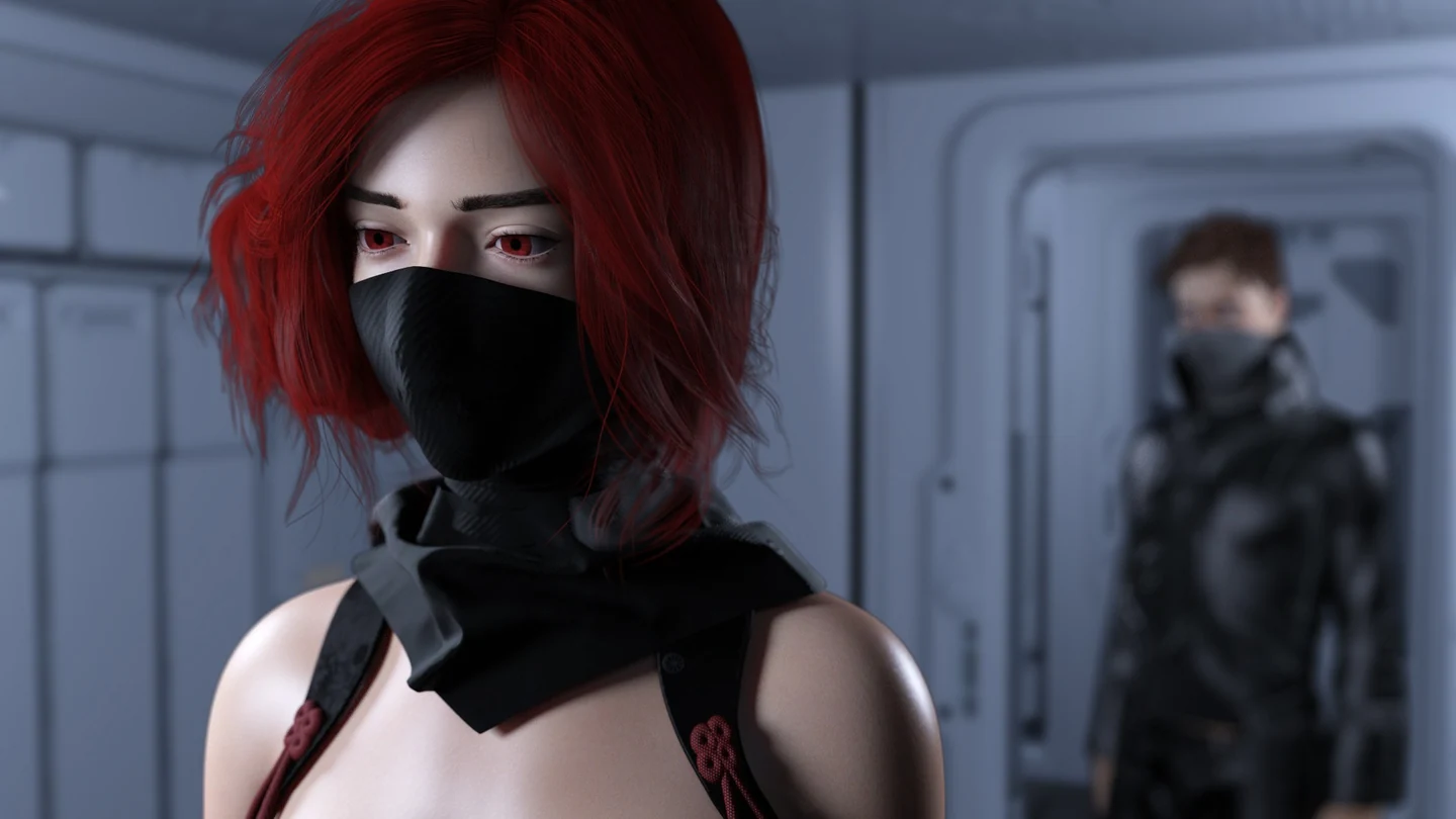 Ashe, rousse, porte un masque noir couvrant son visage dans un couloir futuriste.