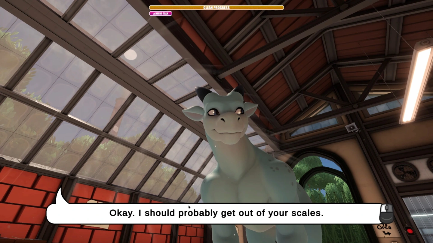 Un dragon gris parle en gros plan dans la cabine de lavage.