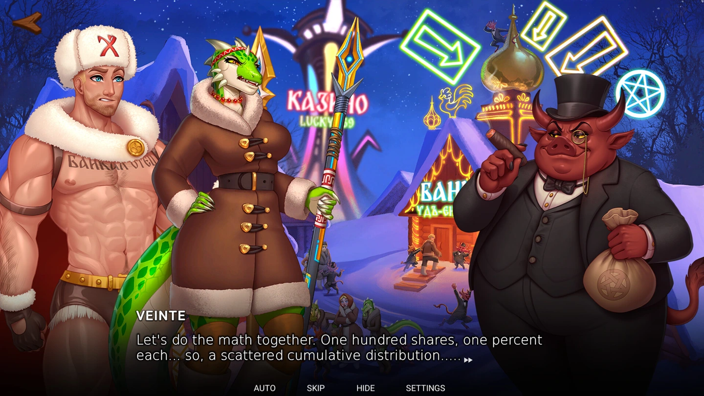 Ratibor and Veinte discussing money with a formally dressed demon outside a casino.