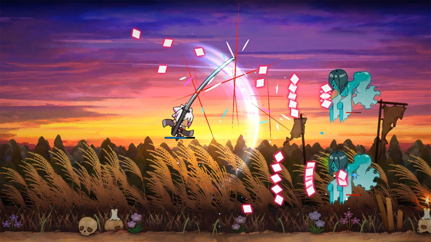 Un champ de bataille au coucher du soleil, avec des coups d’épée, des fantômes et des flots de projectiles.