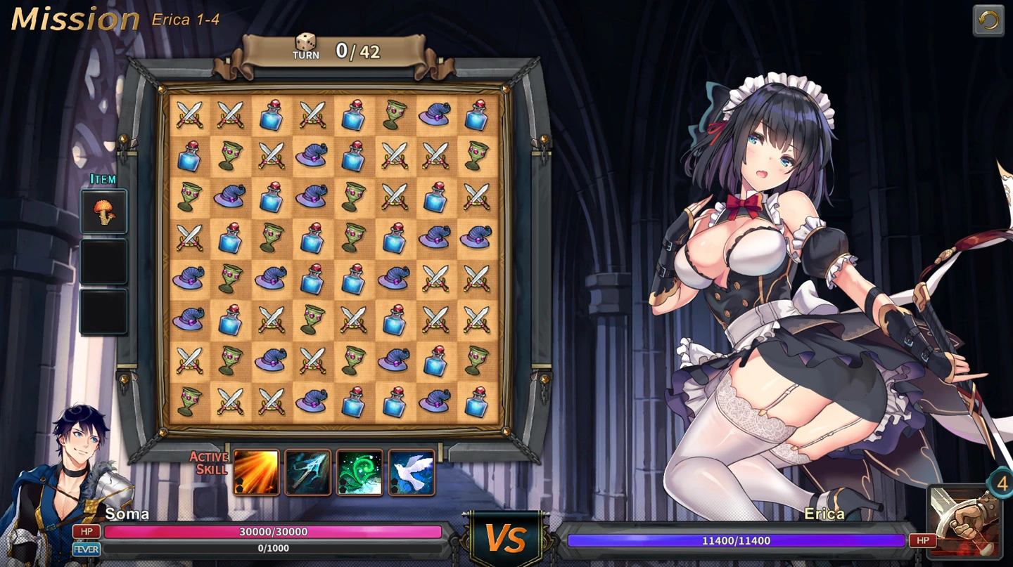 A gem-battle grid appears beside dark-haired Erica in a maid outfit and combat gauges.