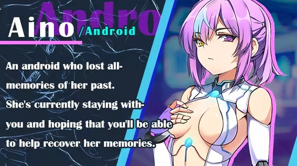 Aino steht in einem körperbedeckenden weißen und blauen Androidenanzug neben einer englischen Figurenbeschreibung.