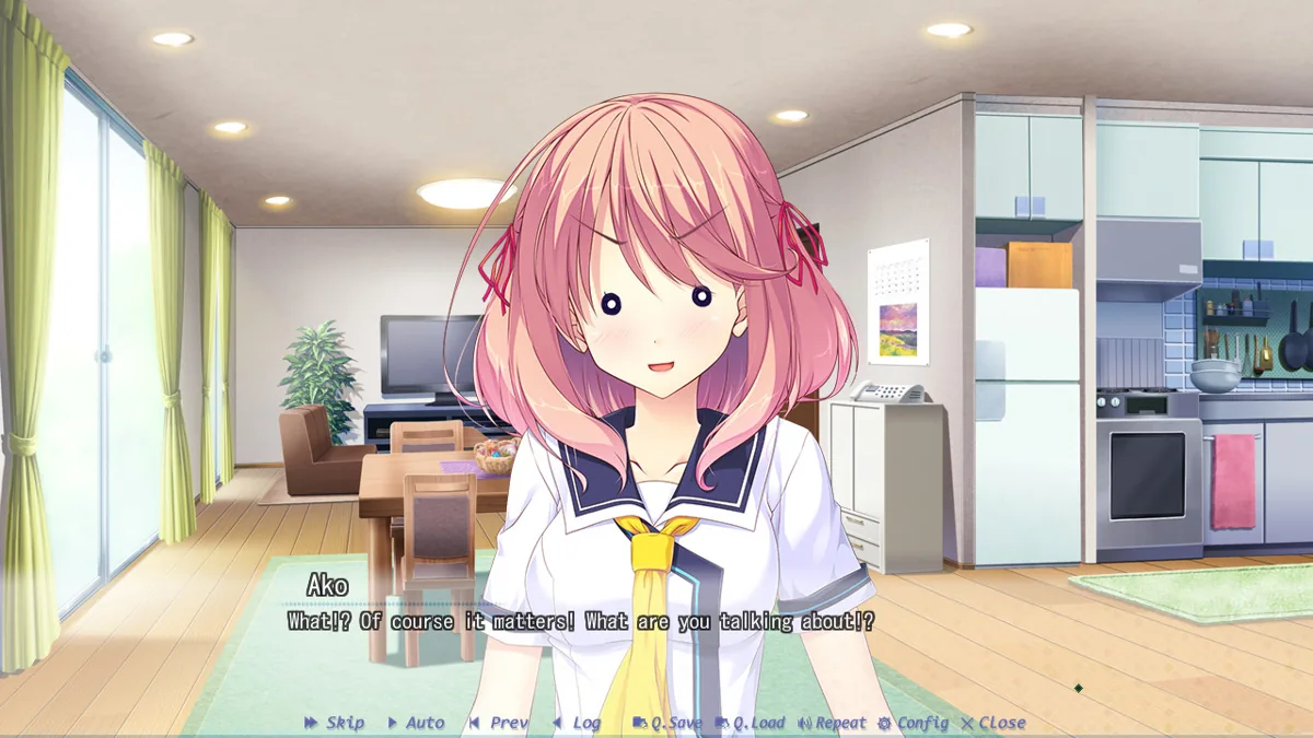 A fully clothed character talking in a kitchen.