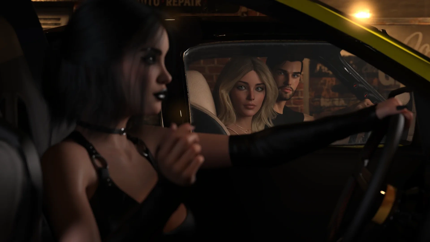 A woman at a car window talks with a clothed couple inside at night.