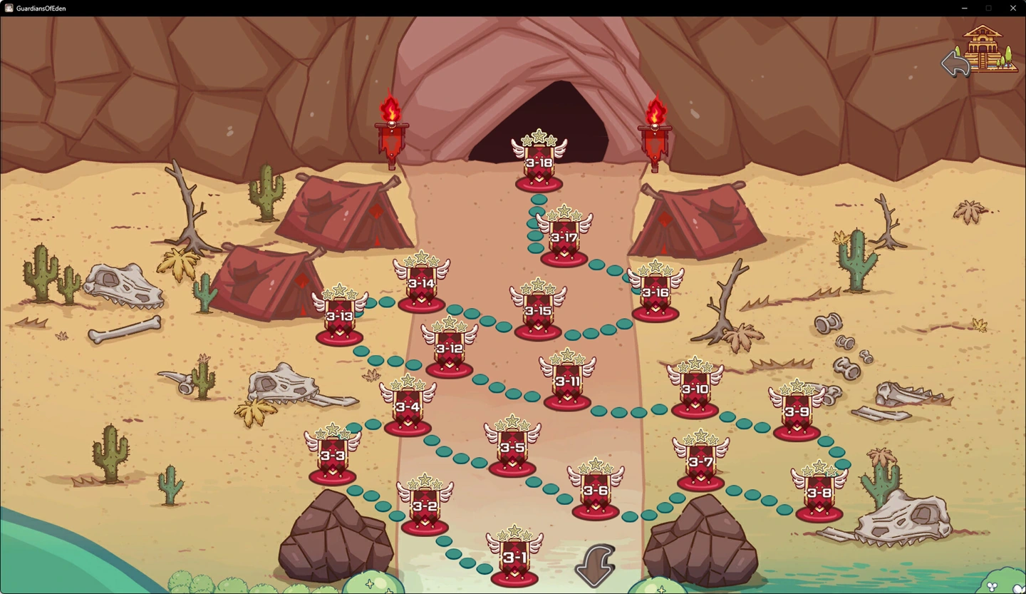 The desert stage map with branching paths and three-star clear markers.