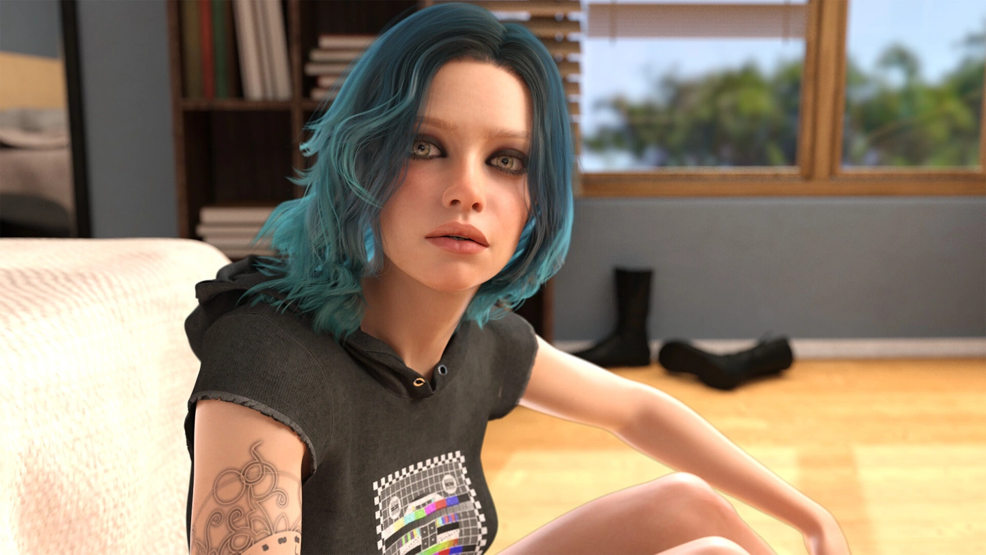 A blue-haired woman with an upper-arm tattoo sits on a sofa in a black graphic top.