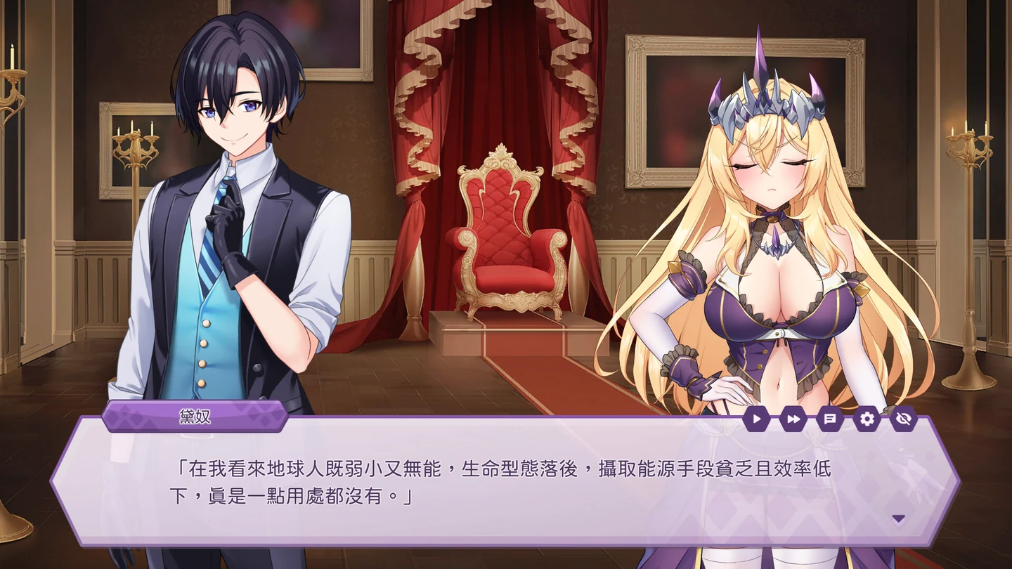 スーツ姿の探偵とDaigneuxが玉座の前で話しており、会話用のインターフェースが表示されている。