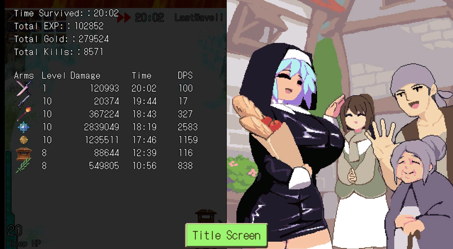 A heroine and townspeople celebrate beside post-battle statistics.