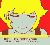 Un retrato pixelado de Ann con cabello amarillo sobre una advertencia acerca de las hormonas.