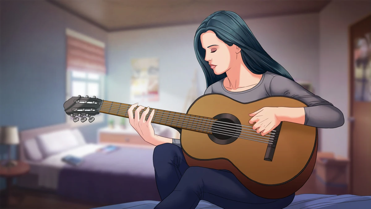 Lena plays an acoustic guitar indoors.
