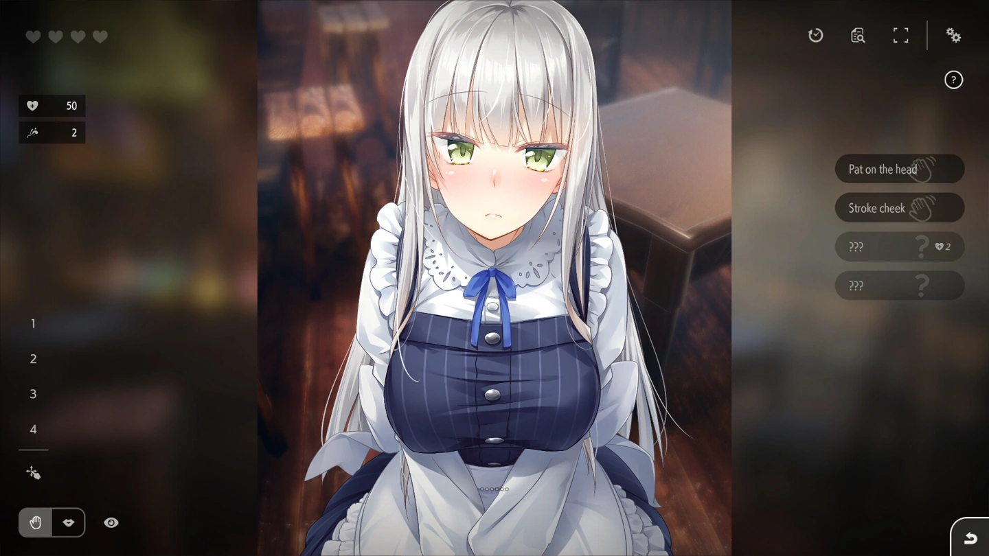 Крупный план Lily в интерфейсе прикосновений с вариантами погладить по голове, погладить щёку и ещё не открытыми действиями.
