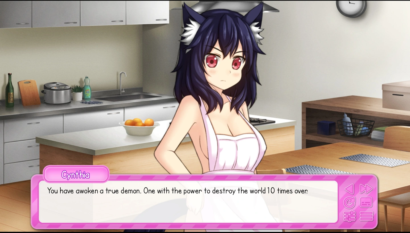 Cynthia trägt eine weiße Schürze mit rosa Trägern und spricht in einer Wohnungsküche in My Catgirl Maid Thinks She Runs the Place.