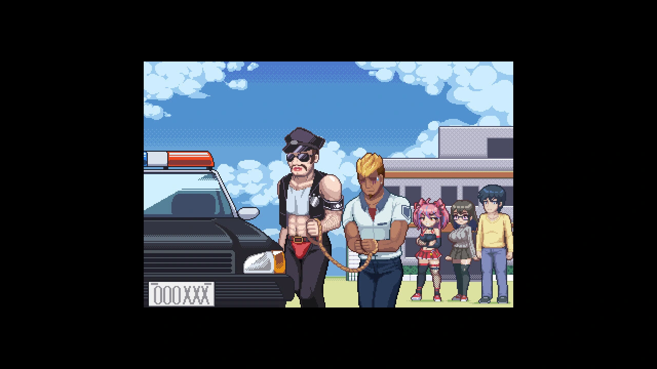 Les personnages en pixels, habillés, se tiennent à côté d'une voiture de police sous un ciel bleu, à l'intérieur de la bordure noire d'origine de la capture d'écran.