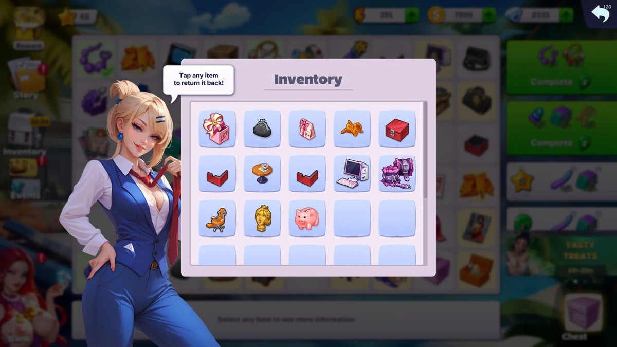 Horny Villa's inventory grid with gifts and other items beside a blonde woman in a blue waistcoat.