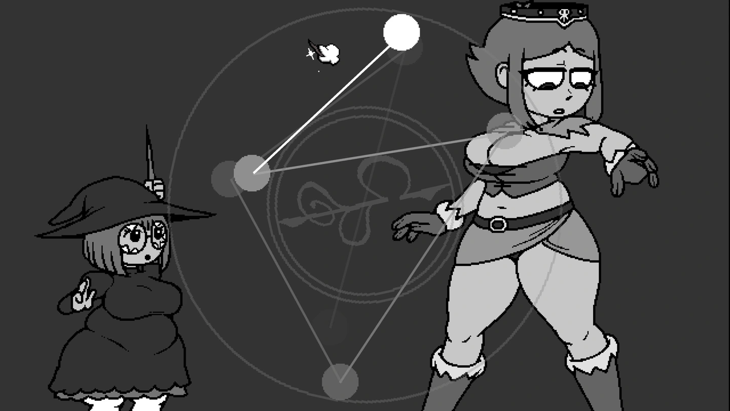 Monochrome pixel art of Vera in a witch hat and Bellagarth beside a rune pattern with connected points.