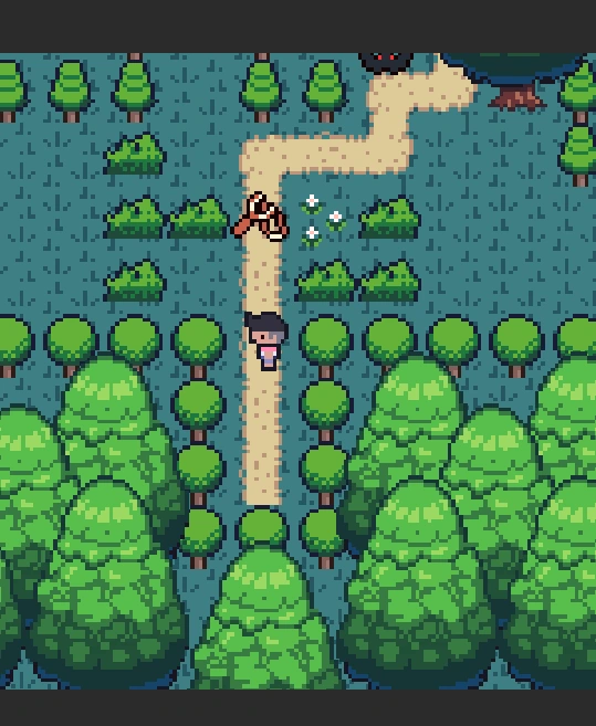 Un labyrinthe forestier en pixel art entoure des chemins qui se ramifient et un petit sprite de personnage.