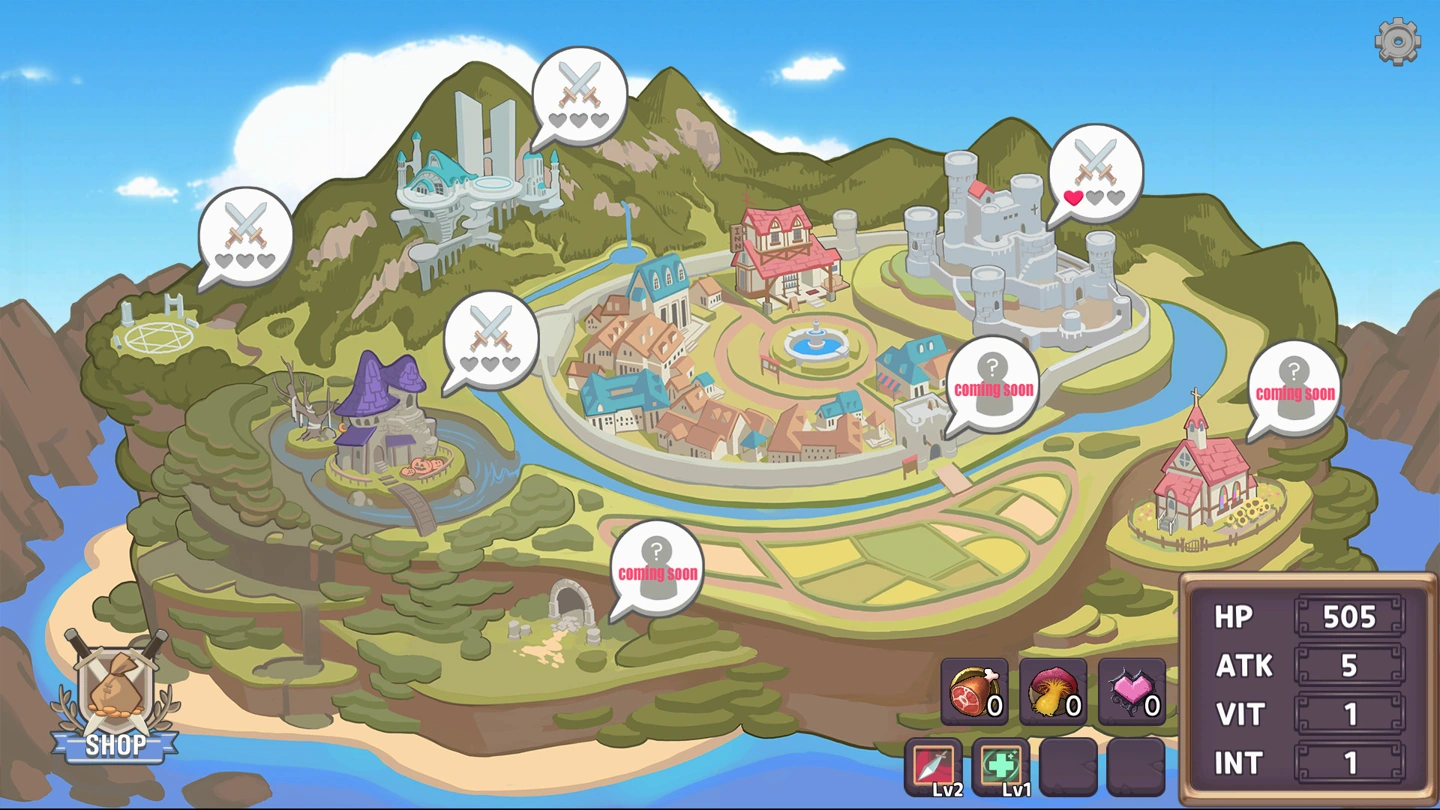 An older campaign map displays battle hearts, inventory, statistics and Coming Soon markers.