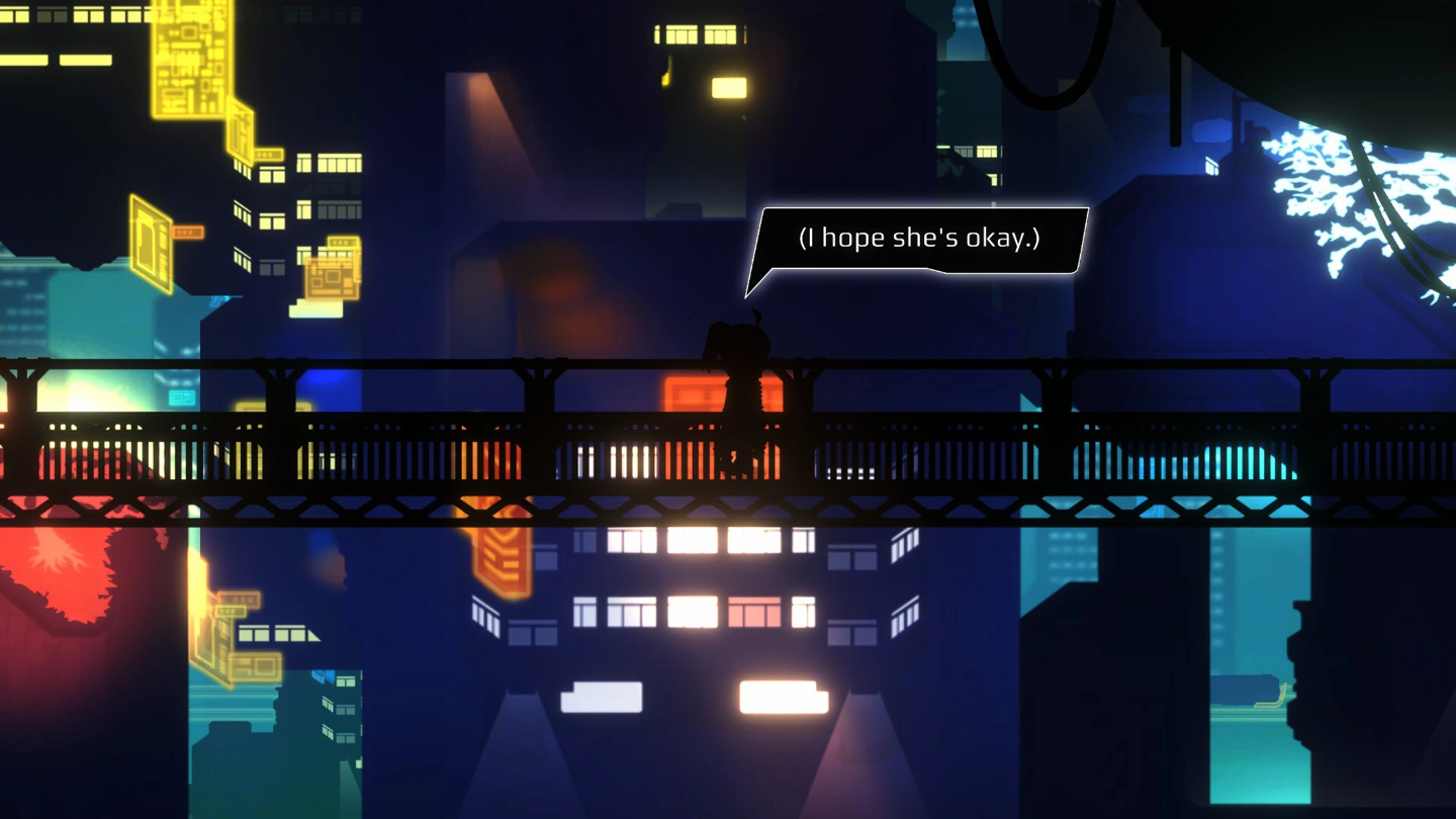 Zoey’s silhouette stands on a bridge overlooking neon-lit buildings with a concerned dialogue bubble.